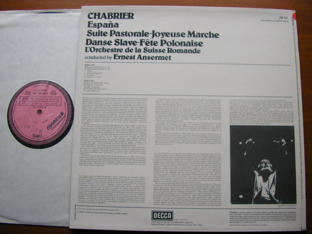 CHABRIER: ESPANA / JOYEUSE MARCHE / SUITE PASTORALE   ERNEST ANSERMET / SUISSE ROMANDE     JB 10
