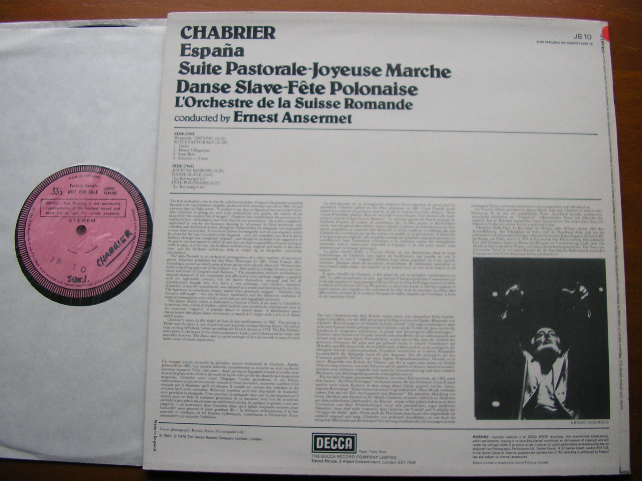CHABRIER: ESPANA / JOYEUSE MARCHE / SUITE PASTORALE   ERNEST ANSERMET / SUISSE ROMANDE     JB 10