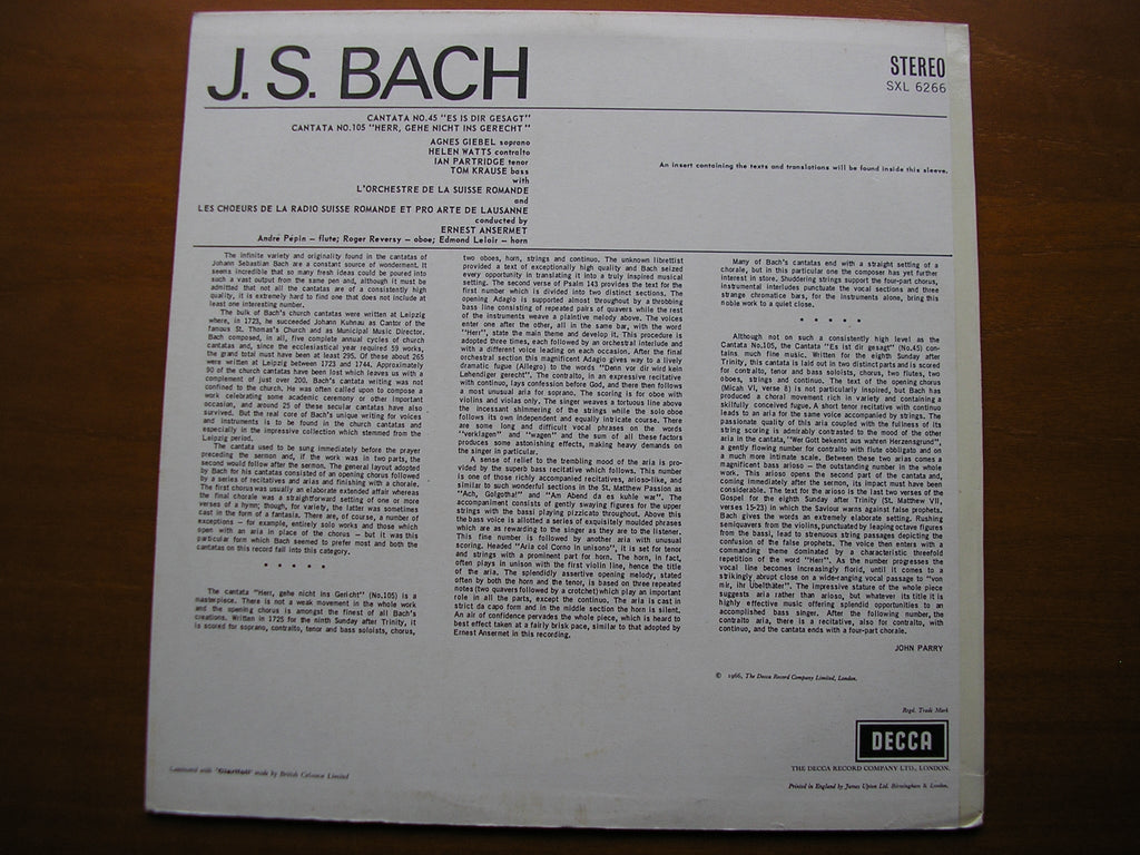 SXL 6266  BACH: CANTATAS Nos. 45  &  105      SOLOISTS / SUISSE ROMANDE / ANSERMET   ED2
