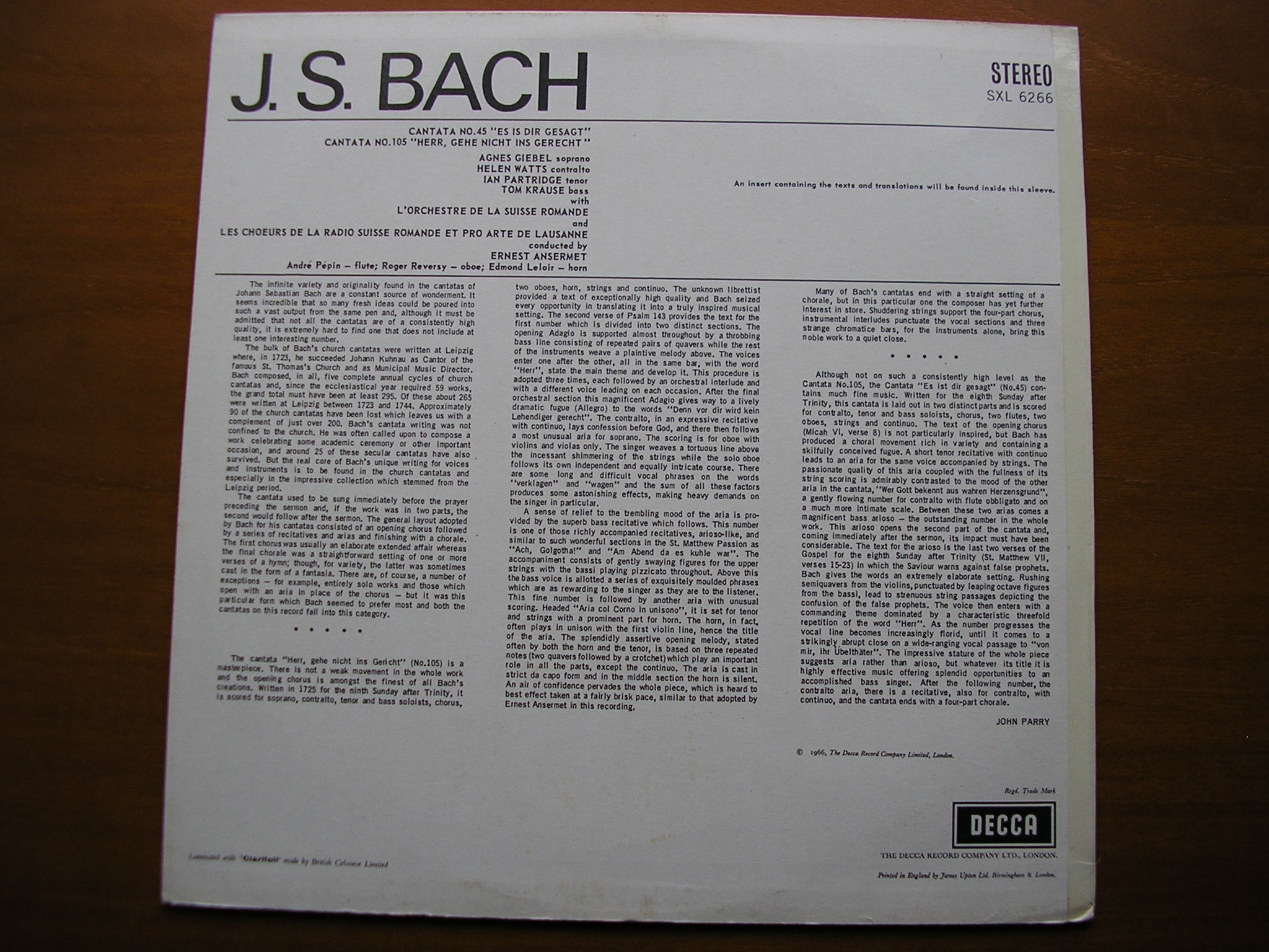 SXL 6266  BACH: CANTATAS Nos. 45  &  105      SOLOISTS / SUISSE ROMANDE / ANSERMET   ED2