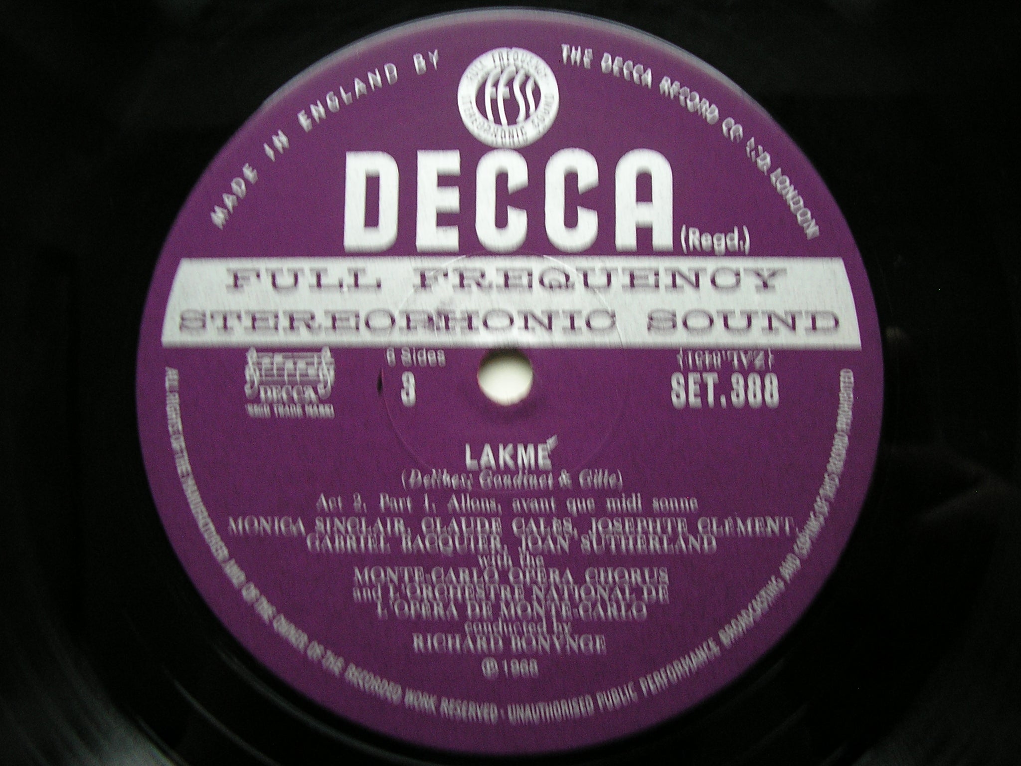 DELIBES: LAKME - SUTHERLAND / VANZO / BACQUIER / MONTE CARLO OPERA / RICHARD BONYNGE   SET 387 - 9