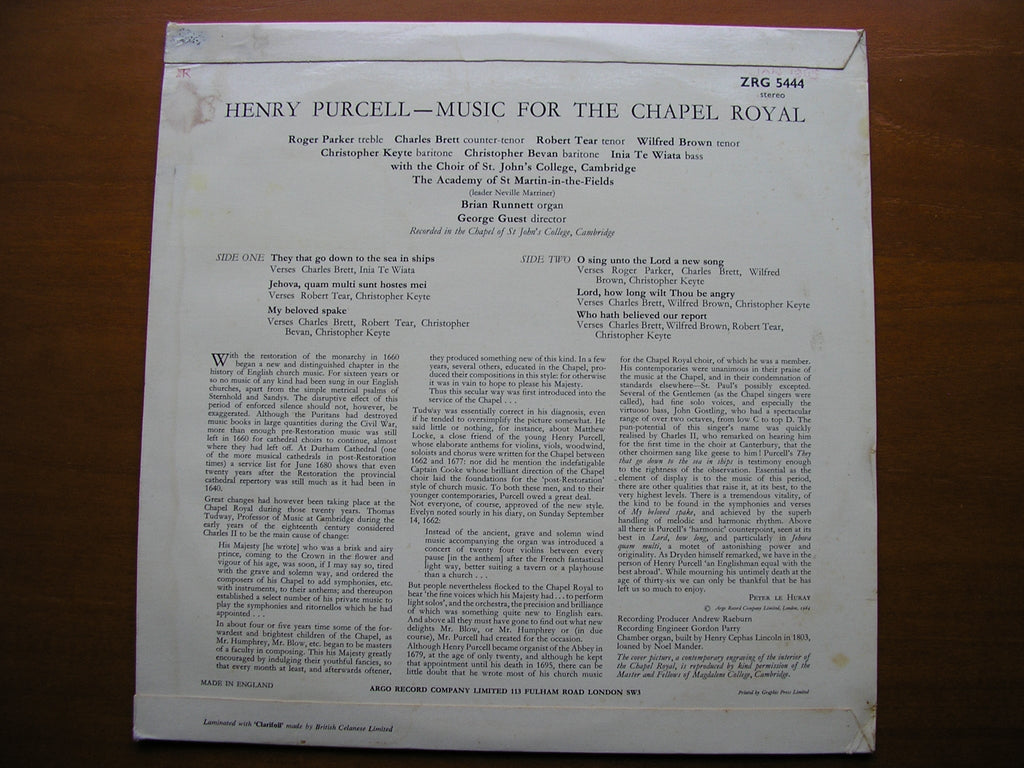 PURCELL: MUSIC FOR THE CHAPEL ROYAL    SOLOISTS / ASMIF / CHOIR OF ST JOHN'S COLLEGE / GUEST     ZRG 5444