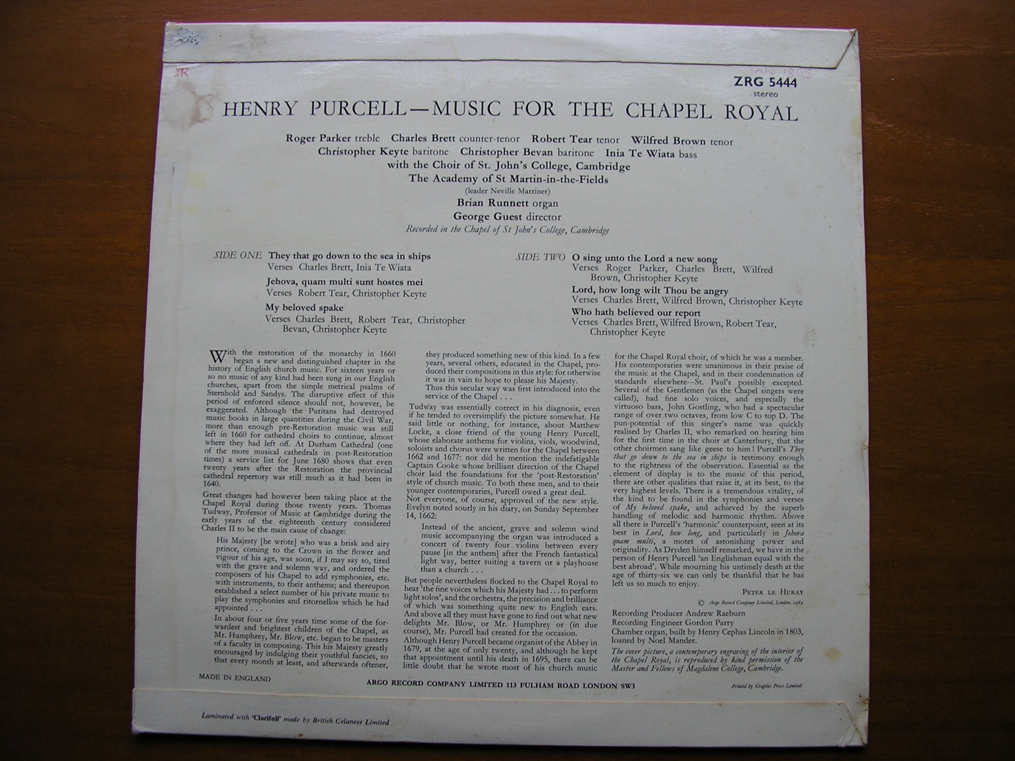 PURCELL: MUSIC FOR THE CHAPEL ROYAL    SOLOISTS / ASMIF / CHOIR OF ST JOHN'S COLLEGE / GUEST     ZRG 5444