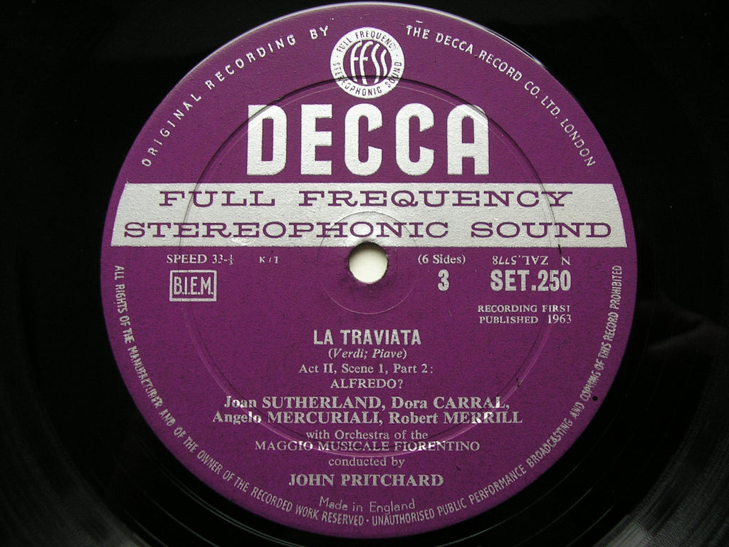 VERDI: LA TRAVIATA - SUTHERLAND / BERGONZI / MERRILL / OMMF / JOHN PRITCHARD   SET 249 / 51