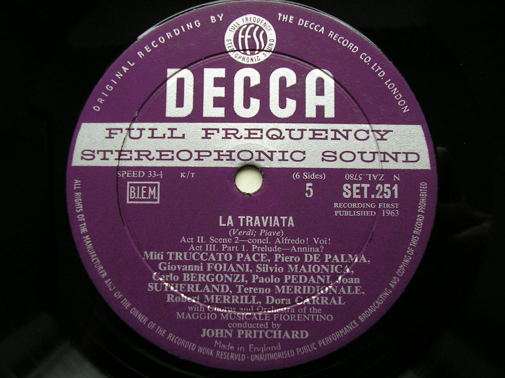 VERDI: LA TRAVIATA - SUTHERLAND / BERGONZI / MERRILL / OMMF / JOHN PRITCHARD   SET 249 / 51