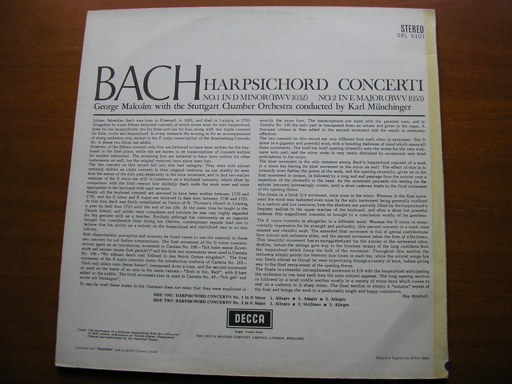 SXL 6101  BACH: HARPSICHORD CONCERTOS Nos. 1 & 2     MALCOLM / STUTTGART CHAMBER ORCHESTRA / MUNCHINGER