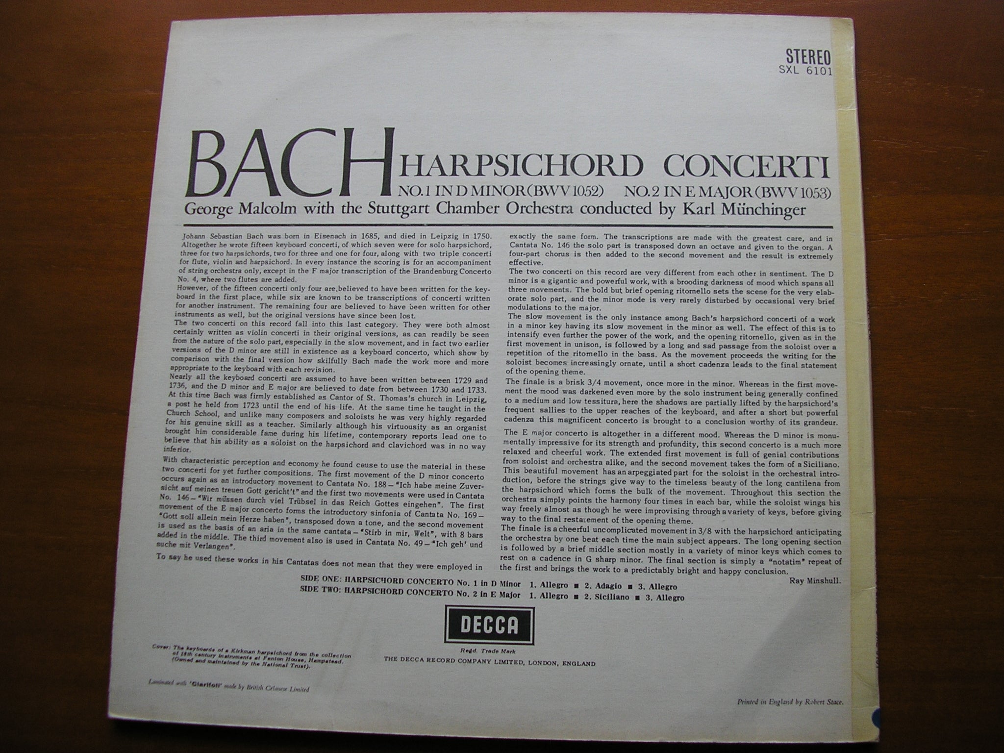 SXL 6101  BACH: HARPSICHORD CONCERTOS Nos. 1 & 2     MALCOLM / STUTTGART CHAMBER ORCHESTRA / MUNCHINGER