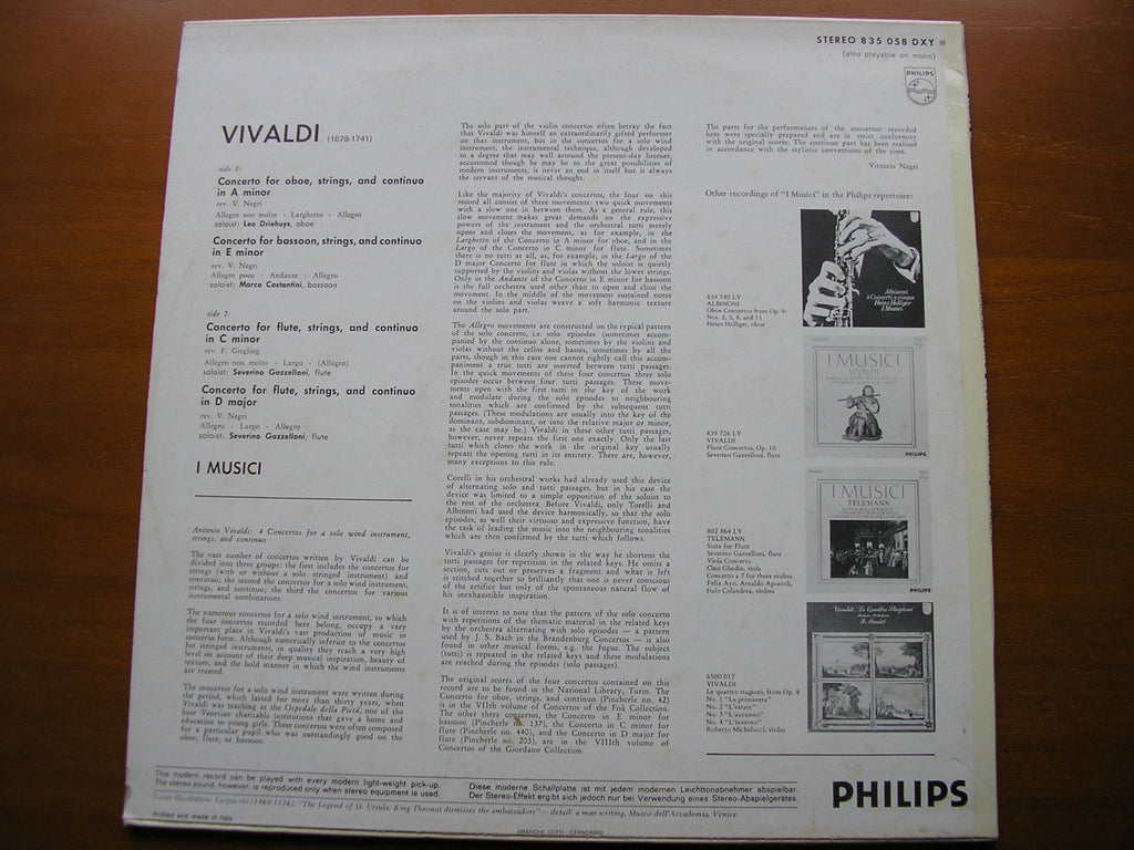 VIVALDI: FOUR CONCERTOS     GAZZELLONI / COSTANTINI / DRIEHUYS / I MUSICI      835 058