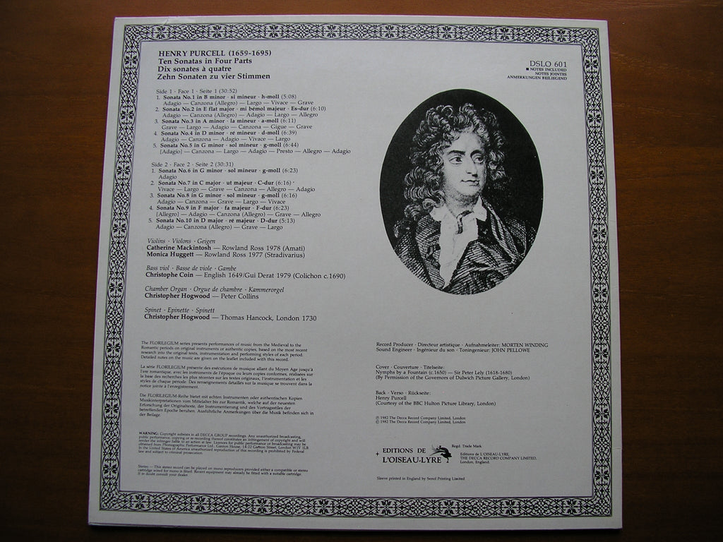 PURCELL: TEN SONATAS IN FOUR PARTS     MACKINTOSH / HUGGETT / COIN / HOGWOOD     DSLO 601