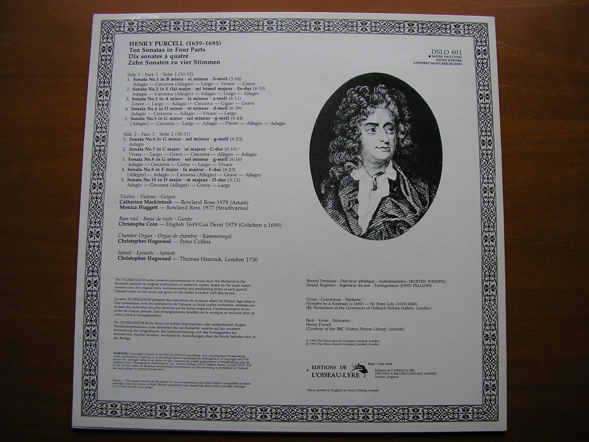 PURCELL: TEN SONATAS IN FOUR PARTS     MACKINTOSH / HUGGETT / COIN / HOGWOOD     DSLO 601