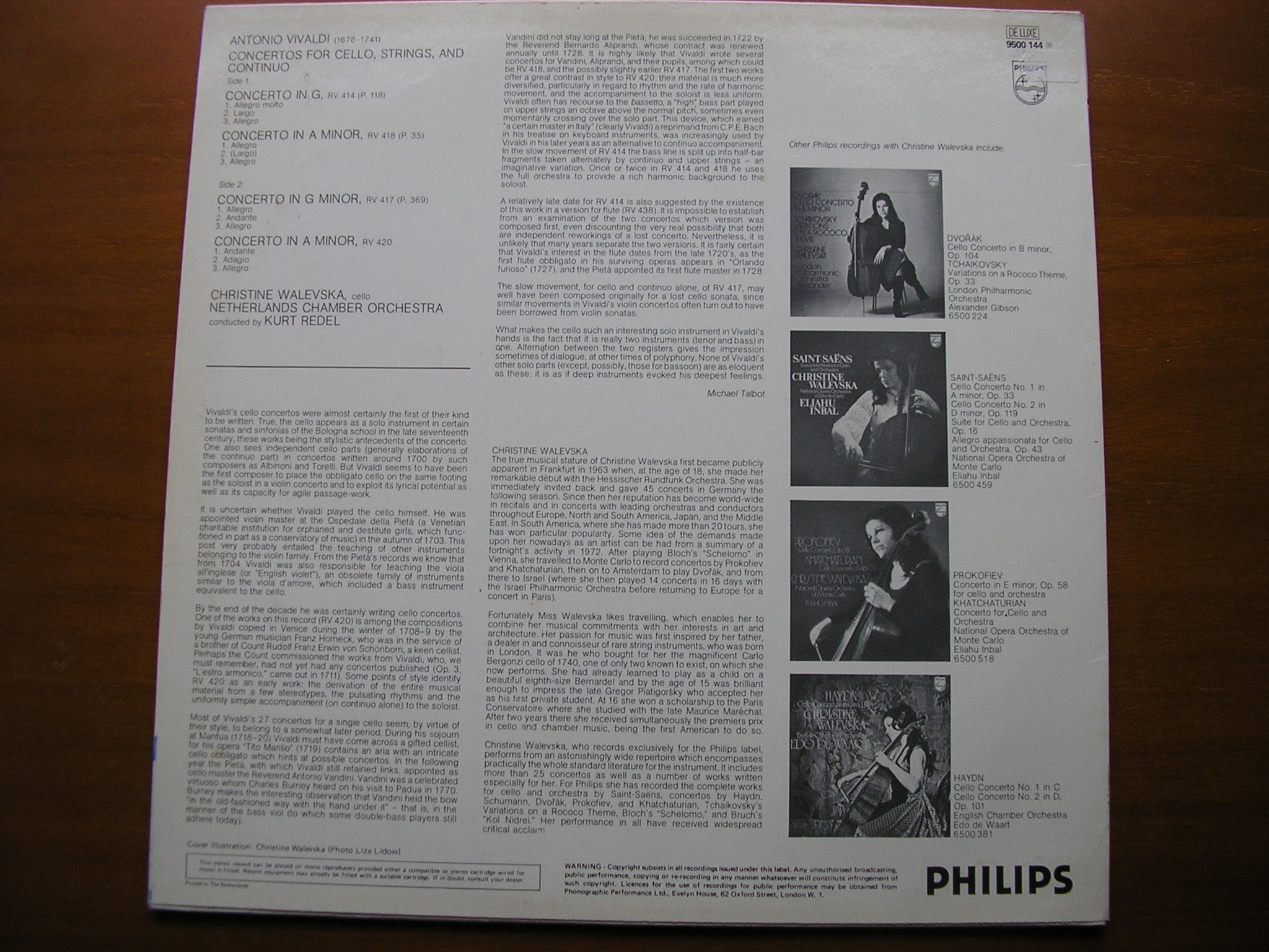 VIVALDI: CELLO CONCERTOS      WALEVSKA / NETHERLANDS CHAMBER ORCHESTRA / REDEL    9500 144
