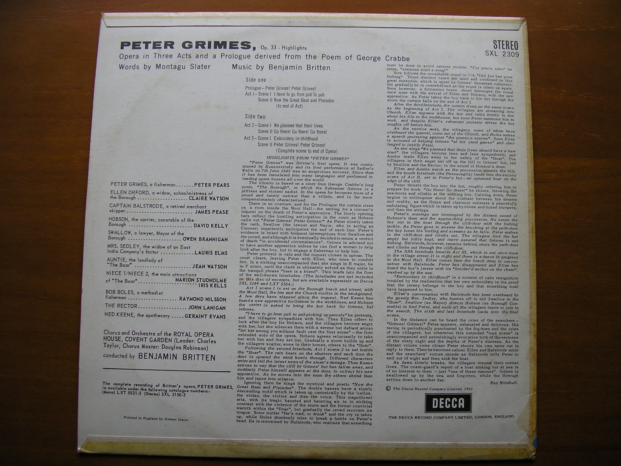 BRITTEN: PETER GRIMES   (highlights)       SOLOISTS / OROHCG / BRITTEN     ED1      SXL 2309