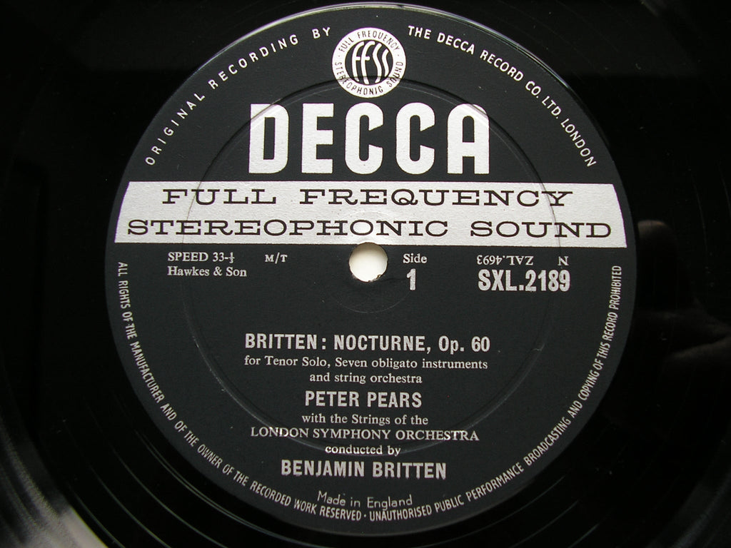 BRITTEN: NOCTURNE / FOUR SEA INTERLUDES / PASSACAGLIA from PETER GRIMES      BRITTEN / LONDON SYMPHONY     SXL 2189