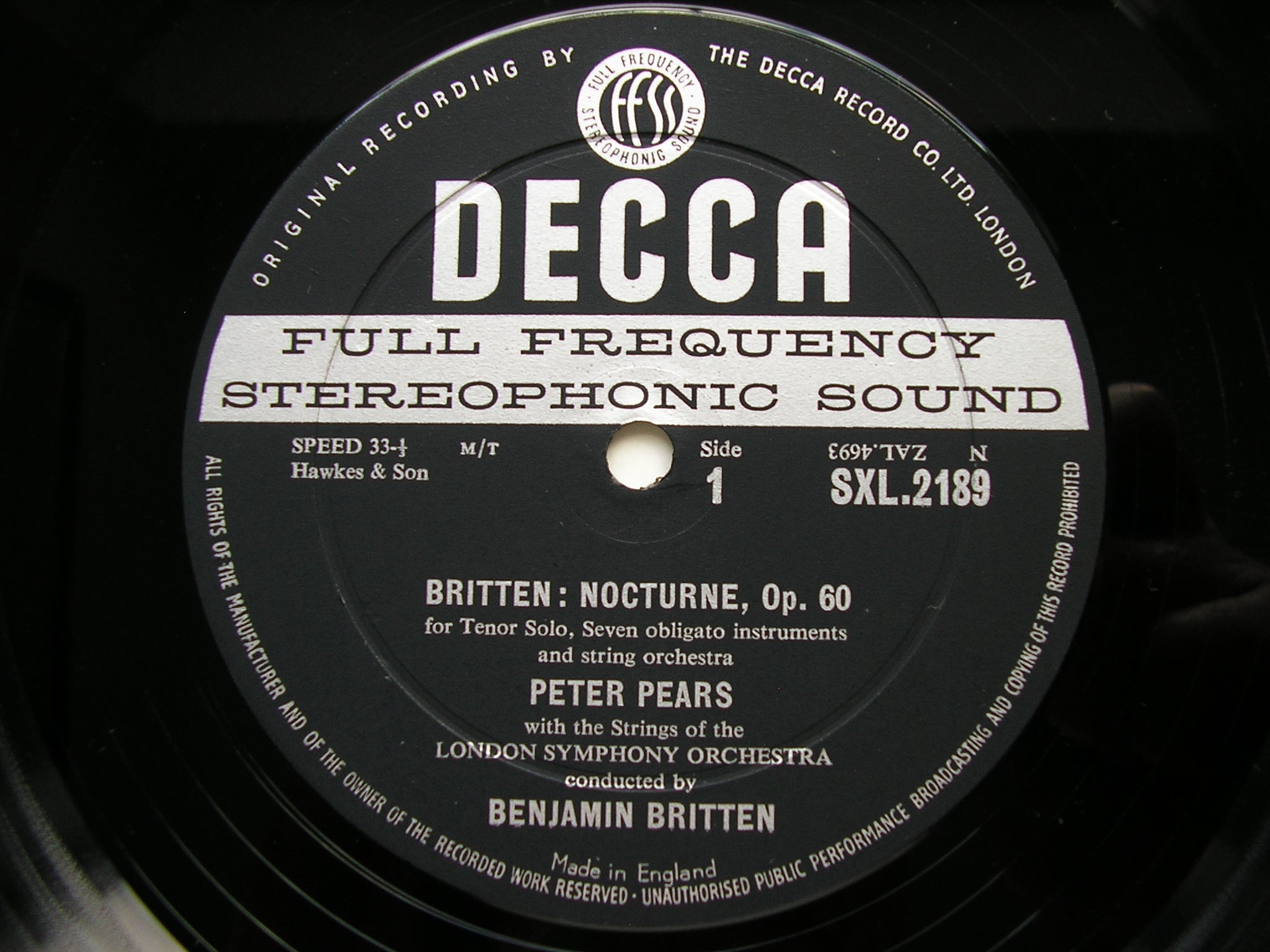 BRITTEN: NOCTURNE / FOUR SEA INTERLUDES / PASSACAGLIA from PETER GRIMES      BRITTEN / LONDON SYMPHONY     SXL 2189