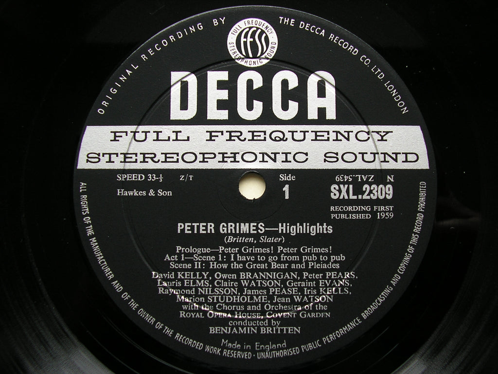 BRITTEN: PETER GRIMES   (highlights)       SOLOISTS / OROHCG / BRITTEN     ED1      SXL 2309