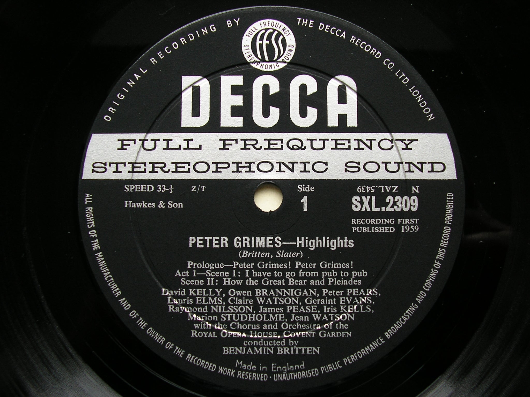 BRITTEN: PETER GRIMES   (highlights)       SOLOISTS / OROHCG / BRITTEN     ED1      SXL 2309