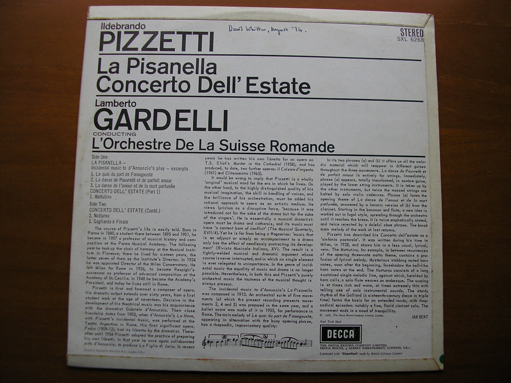 SXL 6268  PIZZETTI: LA PISANELLA / CONCERTO DELL'ESTATE      GARDELLI /SUISSE ROMANDE    ED2