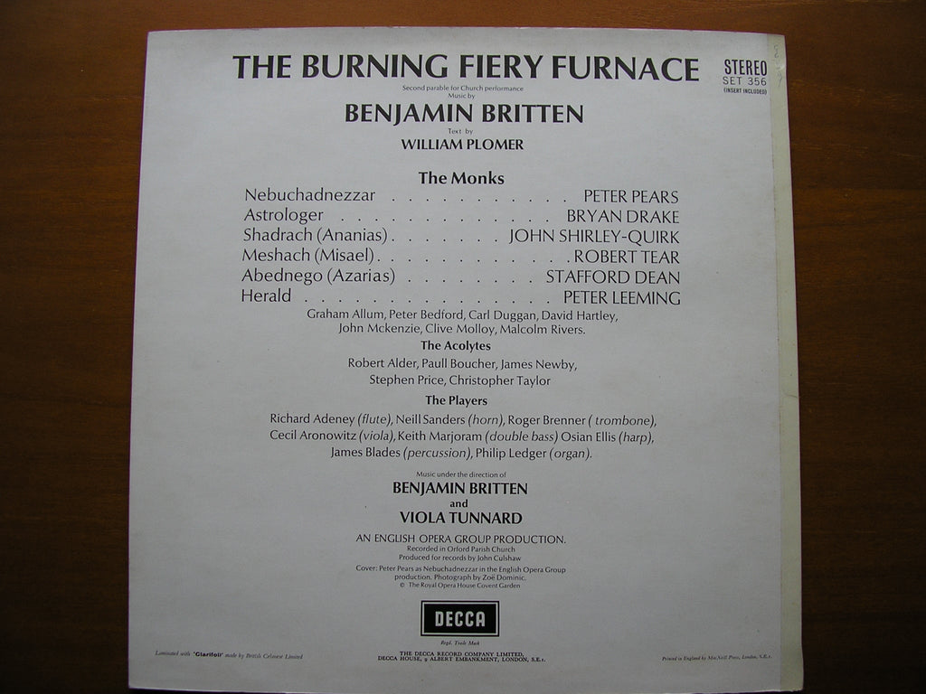 BRITTEN: THE BURNING FIERY FURNACE    SOLOISTS / ENGLISH OPERA GROUP / BRITTEN     SET 356