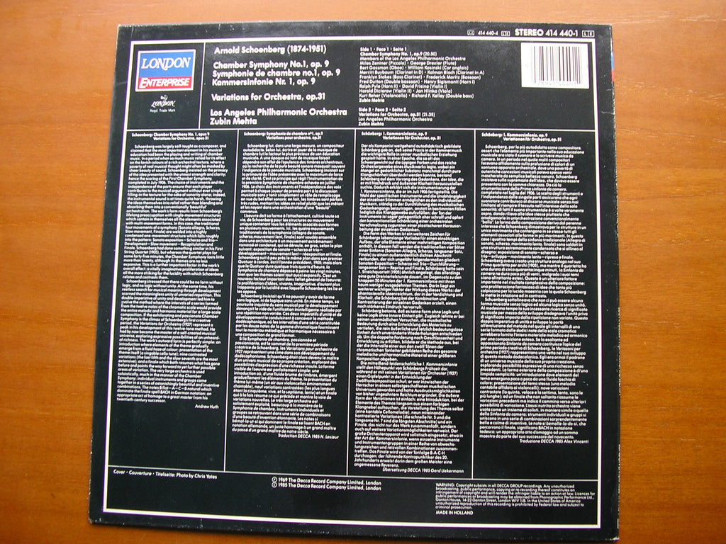 SCHOENBERG: CHAMBER SYMPHONY Op. 9 / VARIATIONS Op. 31       MEHTA / LOS ANGELES PHILHARMONIC     414 440