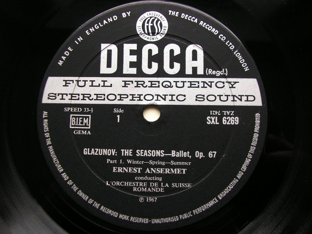 SXL 6269  GLAZUNOV: THE SEASONS  complete ballet / CONCERT WALTZES Nos. 1 & 2       ANSERMET / SUISSE ROMANDE     ED2