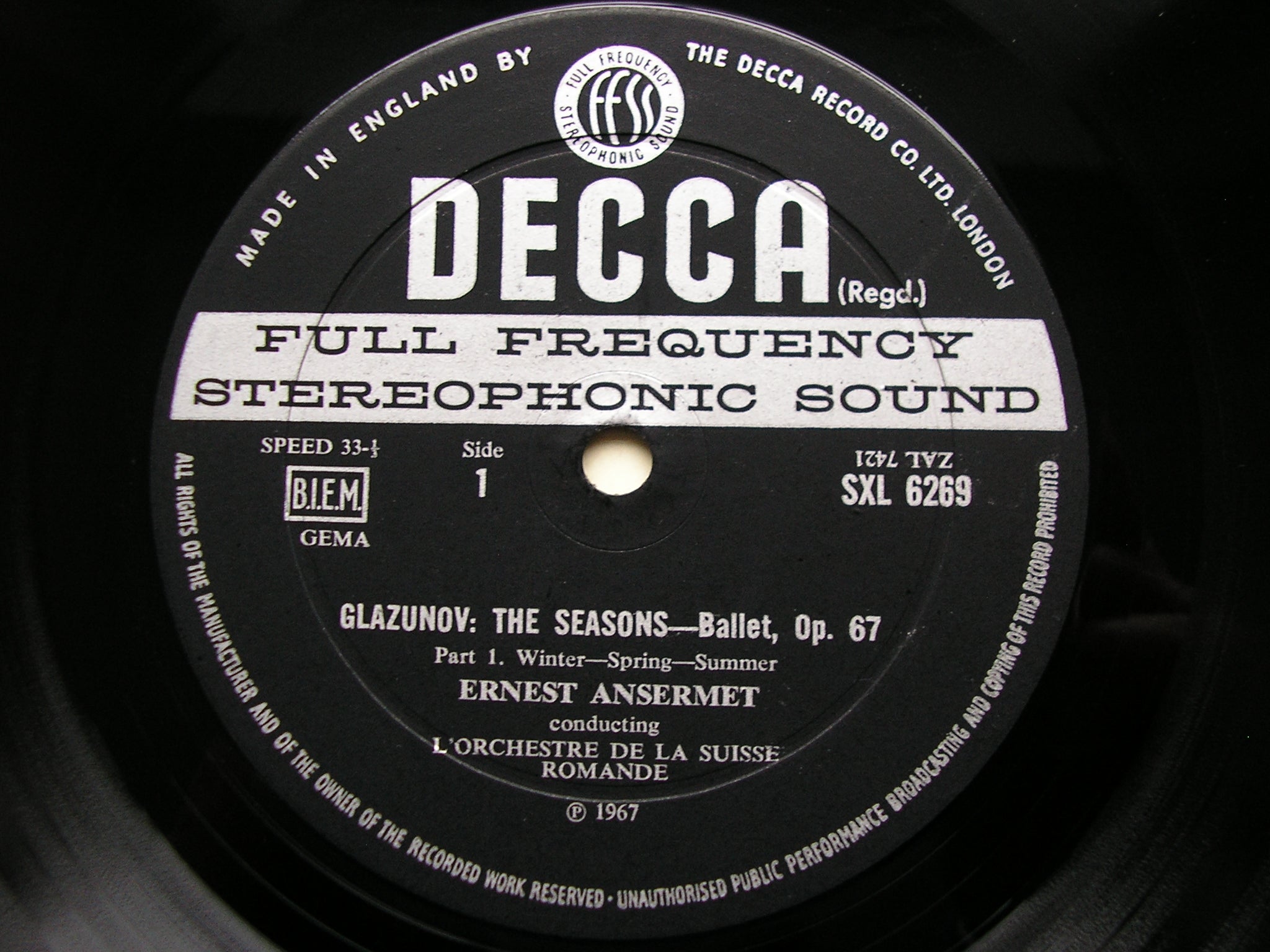 SXL 6269  GLAZUNOV: THE SEASONS  complete ballet / CONCERT WALTZES Nos. 1 & 2       ANSERMET / SUISSE ROMANDE     ED2