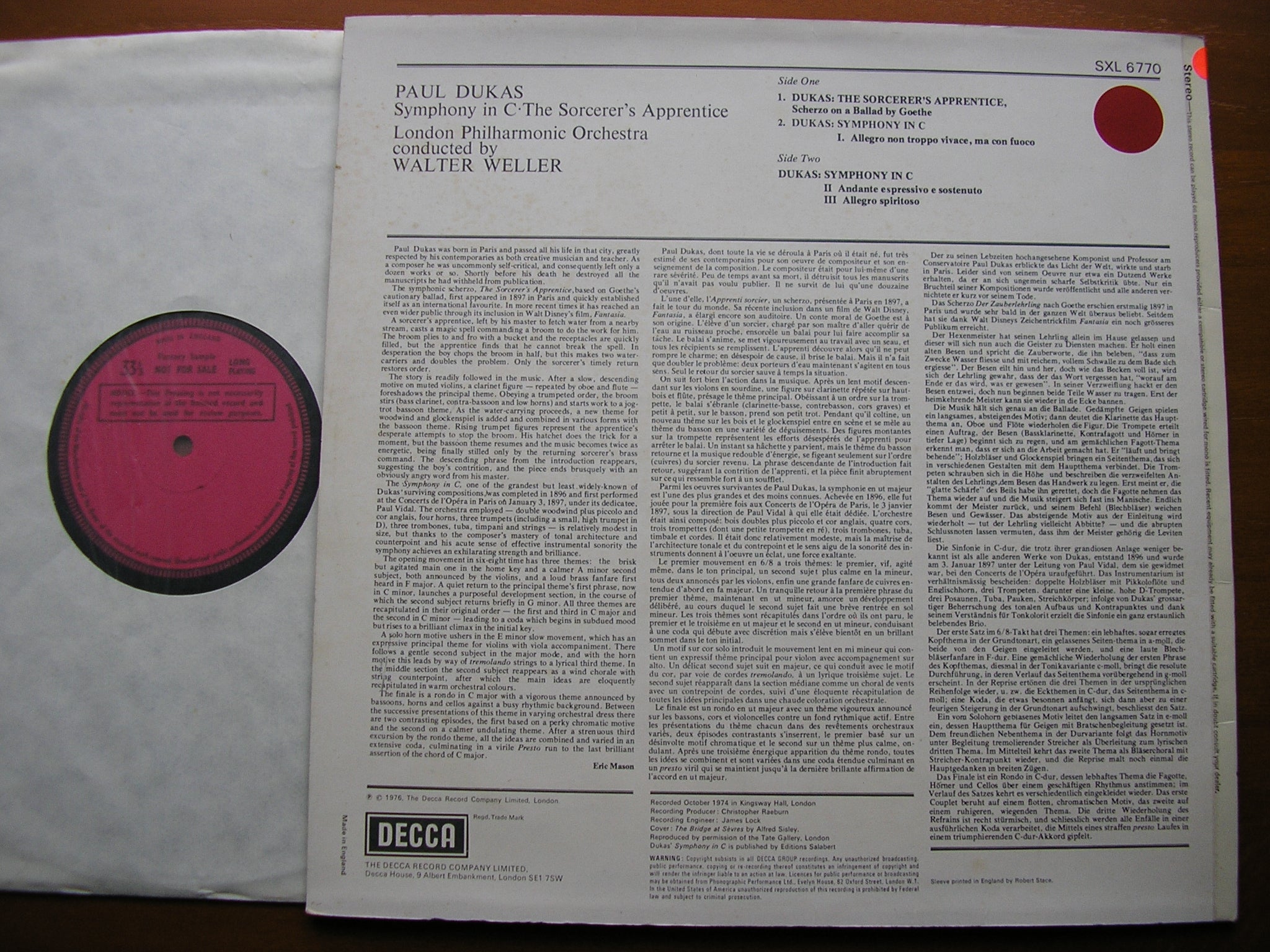 SXL 6770 DUKAS: SYMPHONY in C / THE SORCERER'S APPRENTICE WELLER / LONDON PHILHARMONIC