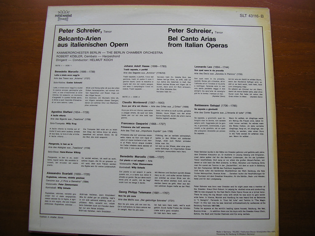 BEL CANTO ARIAS FROM 18th CENTURY ITALIAN OPERA: MARCELLO / TELEMANN / GALUPPI / HASSE / LEO / STEFFANI      SCHREIER / BERLIN CHAMBER ORCHESTRA / KOCH   SLT 43116