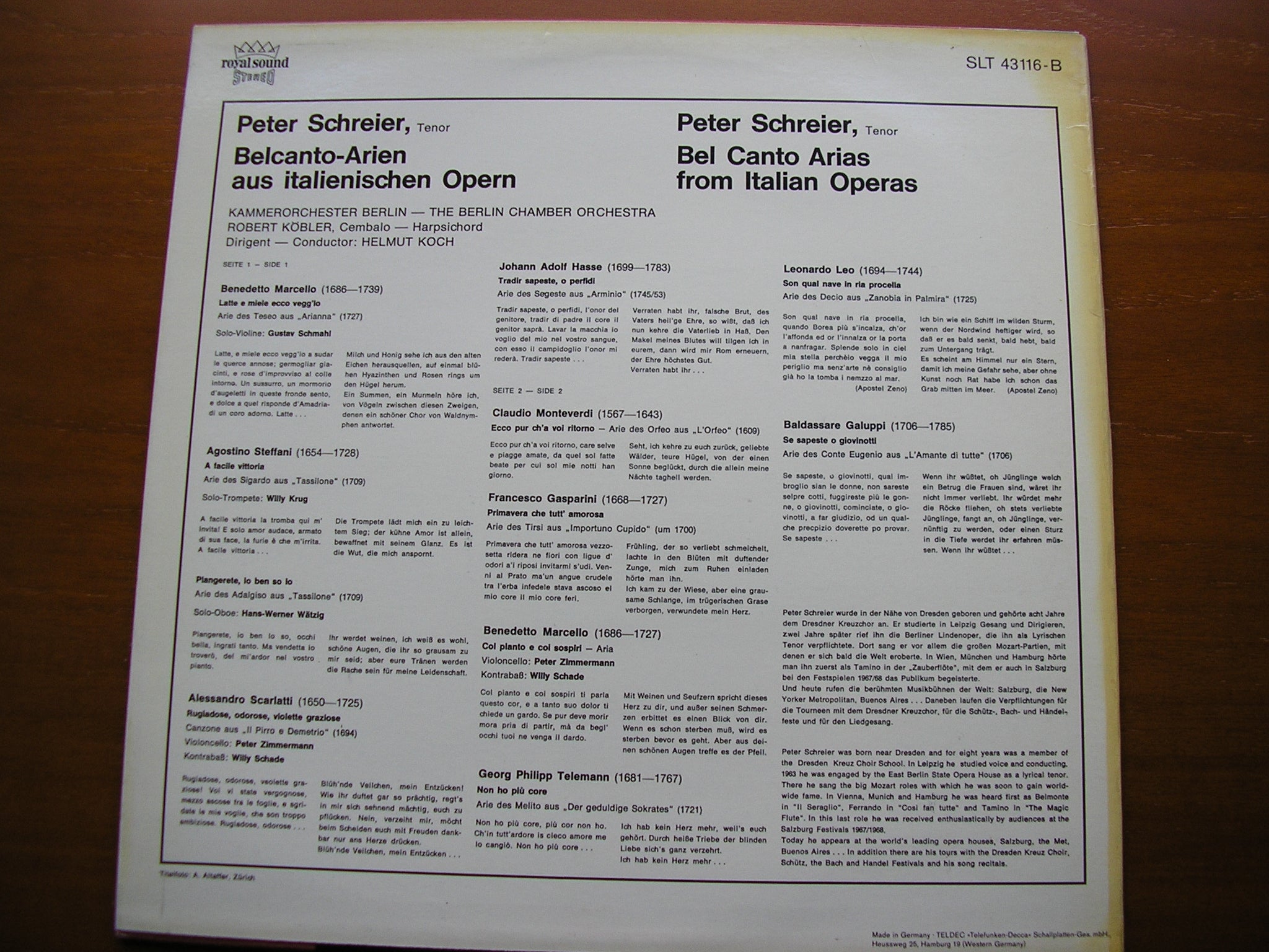 BEL CANTO ARIAS FROM 18th CENTURY ITALIAN OPERA: MARCELLO / TELEMANN / GALUPPI / HASSE / LEO / STEFFANI      SCHREIER / BERLIN CHAMBER ORCHESTRA / KOCH   SLT 43116
