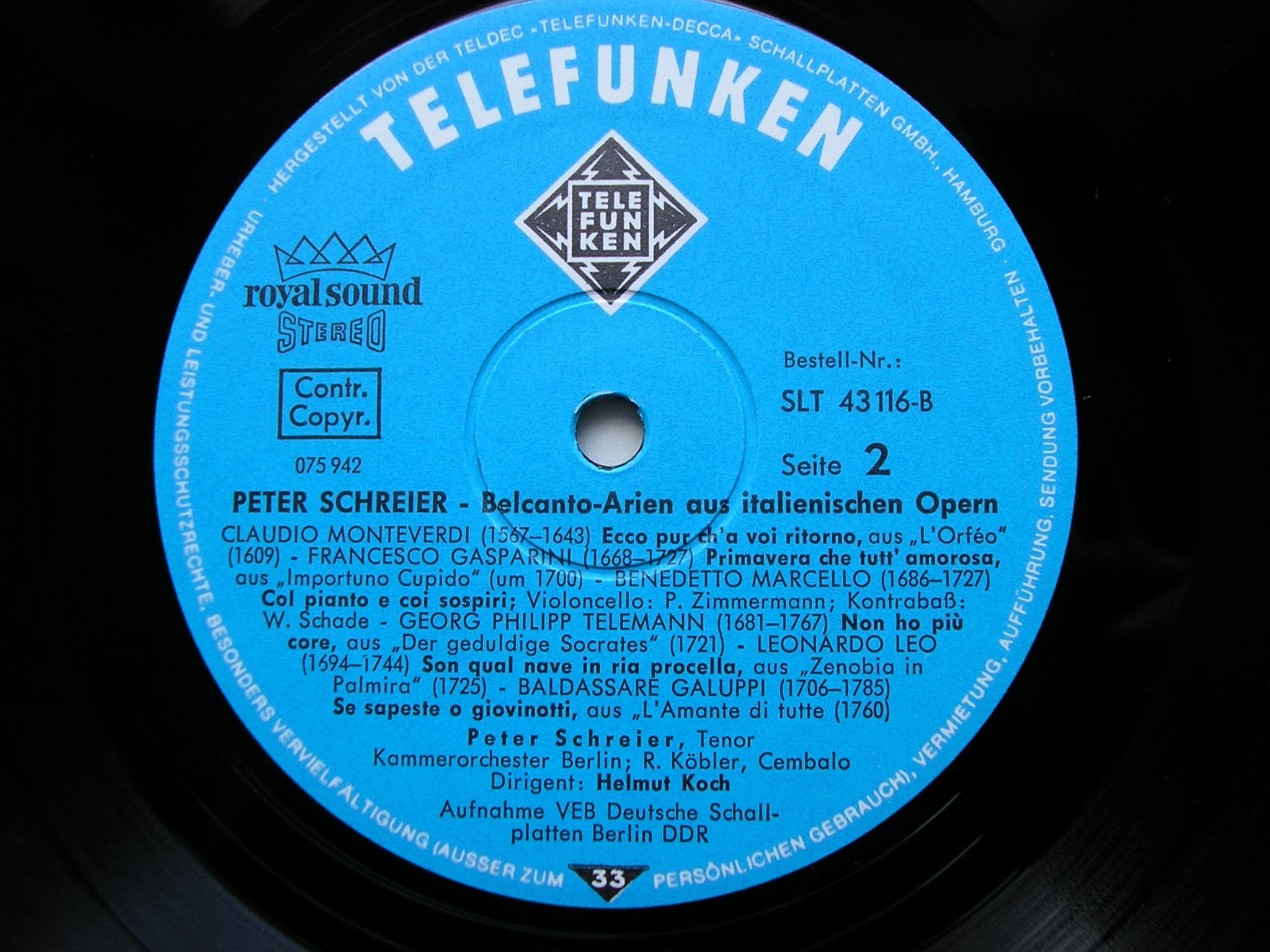 BEL CANTO ARIAS FROM 18th CENTURY ITALIAN OPERA: MARCELLO / TELEMANN / GALUPPI / HASSE / LEO / STEFFANI      SCHREIER / BERLIN CHAMBER ORCHESTRA / KOCH   SLT 43116