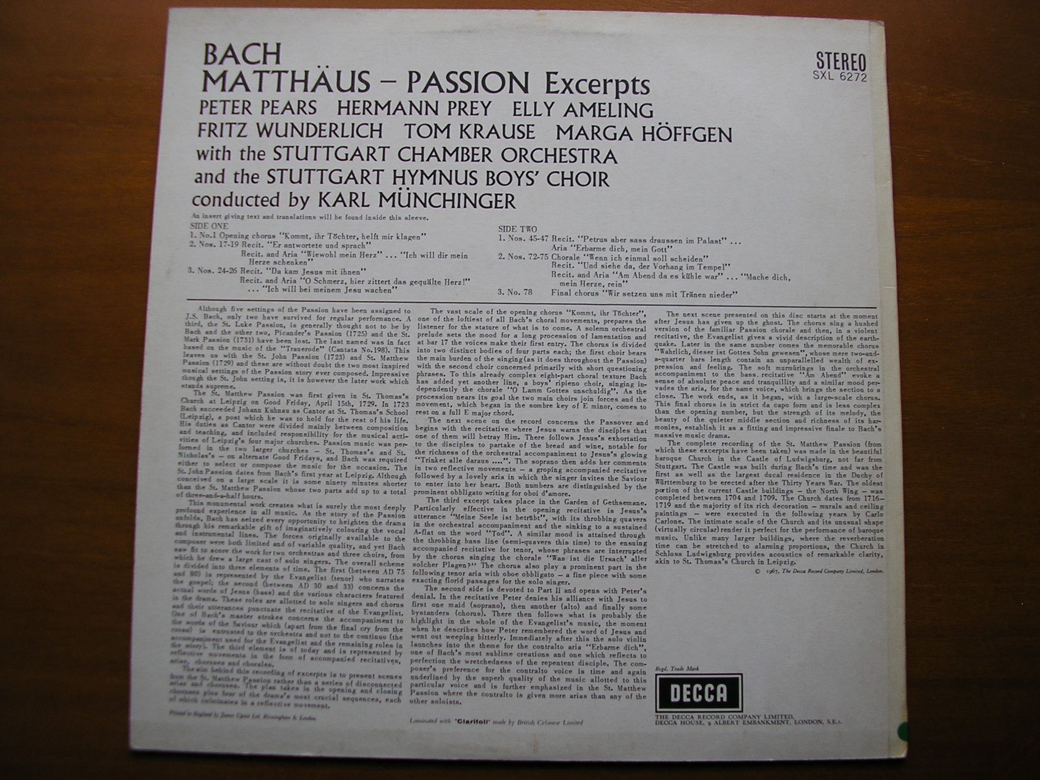 SXL 6272  BACH: ST MATTHEW PASSION     excerpts      SOLOISTS / STUTTGART CHAMBER ORCHESTRA / MUNCHINGER    ED2