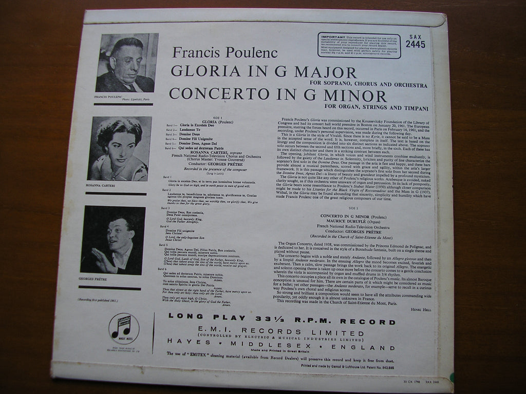 POULENC: GLORIA / ORGAN CONCERTO    DURUFLE / CARTERI / FRENCH NATIONAL RADIO ORCHESTRA / PRETRE    SAX 2445