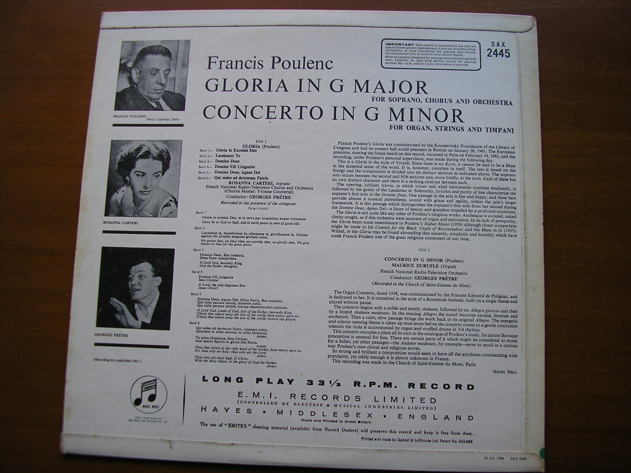 POULENC: GLORIA / ORGAN CONCERTO    DURUFLE / CARTERI / FRENCH NATIONAL RADIO ORCHESTRA / PRETRE    SAX 2445