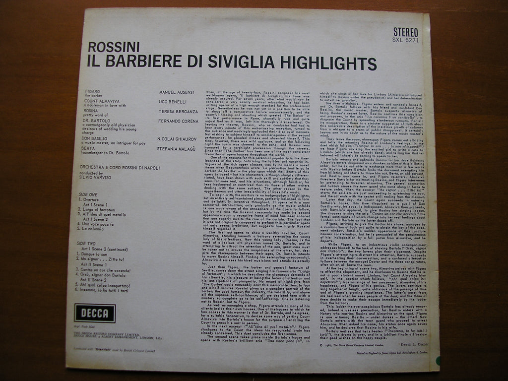 SXL 6271  ROSSINI: THE BARBER OF SEVILLE    excerpts      SOLOISTS / ROSSINI ORCHESTRA OF NAPLES / VARVISO     ED2