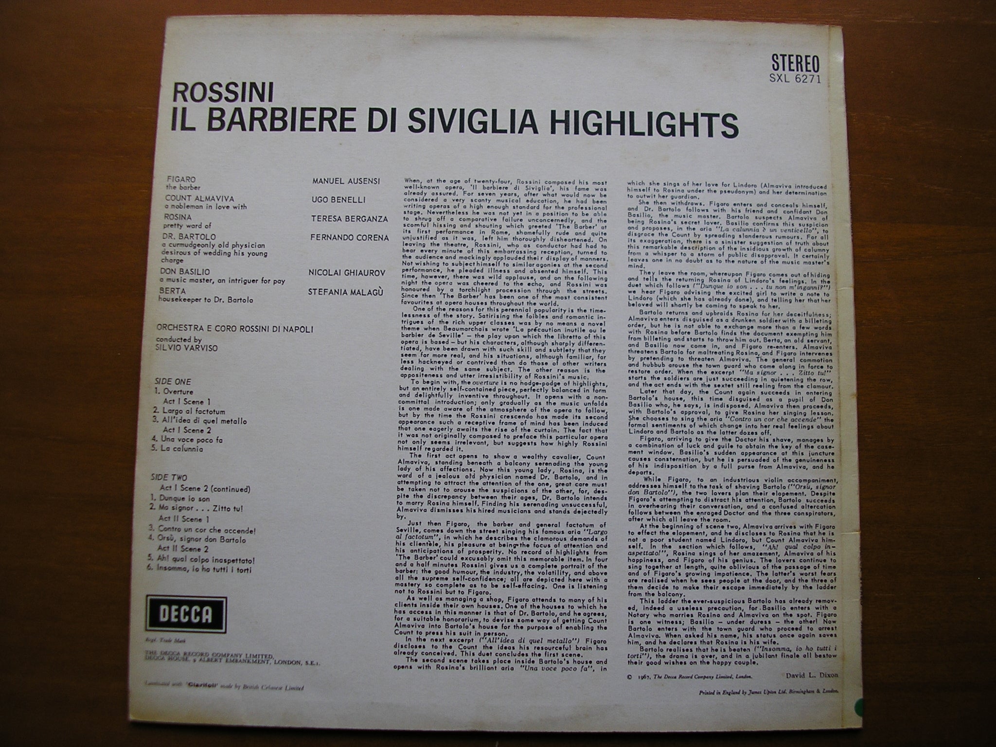 SXL 6271  ROSSINI: THE BARBER OF SEVILLE    excerpts      SOLOISTS / ROSSINI ORCHESTRA OF NAPLES / VARVISO     ED2