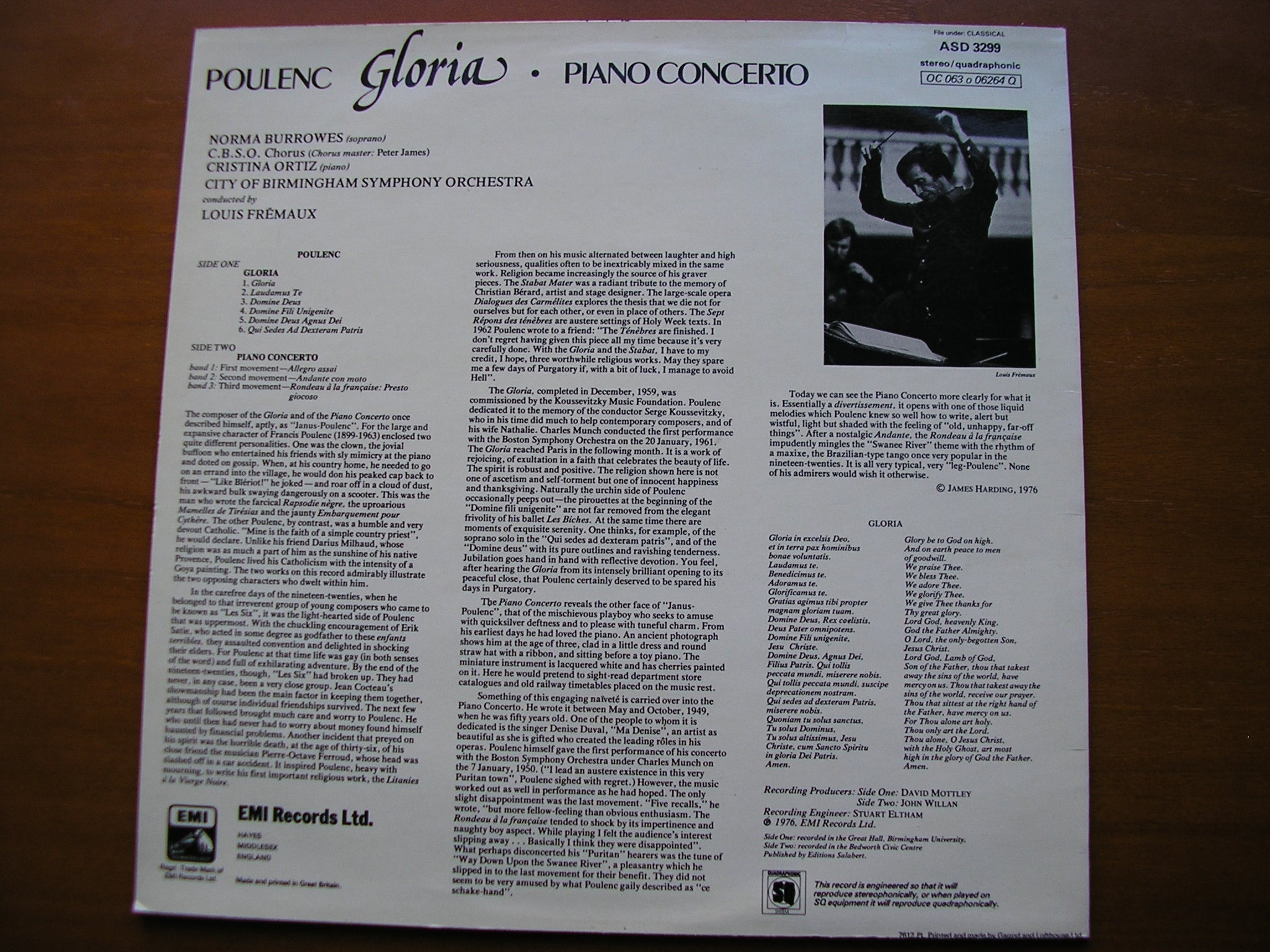 POULENC: GLORIA / PIANO CONCERTO     BURROWES / ORTIZ / CITY OF BIRMINGHAM SYMPHONY / FREMAUX       ASD 3299