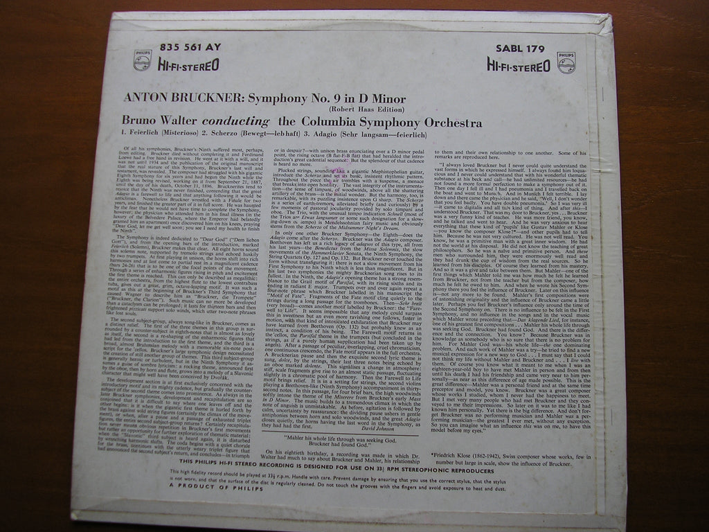 BRUCKNER: SYMPHONY No. 9     BRUNO WALTER / COLUMBIA SYMPHONY    SABL 179