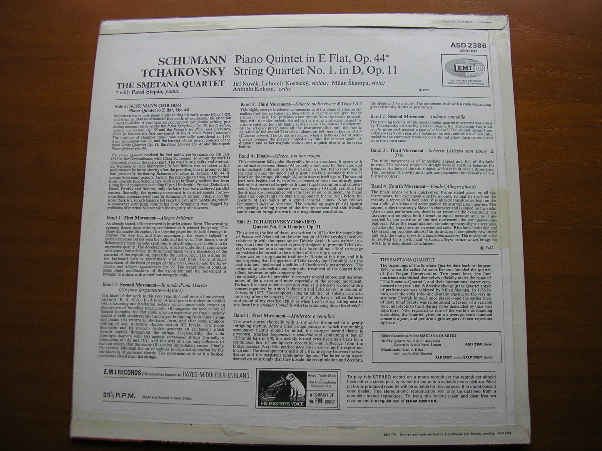 SCHUMANN: PIANO QUINTET / TCHAIKOVSKY: STRING QUARTET No. 1     SMETANA QUARTET / STEPAN     ASD 2386