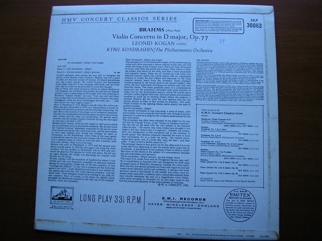 SXLP 30063 BRAHMS: VIOLIN CONCERTO KOGAN / PHILHARMONIA / KONDRASHIN