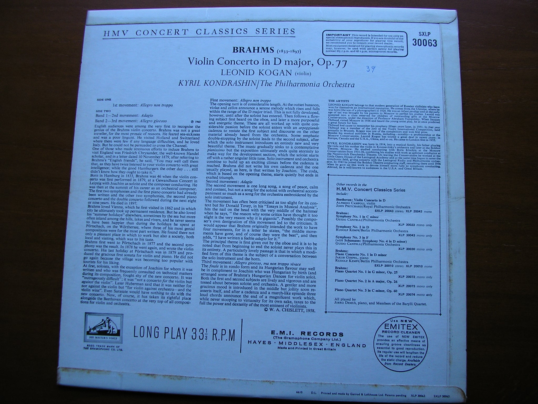 SXLP 30063 BRAHMS: VIOLIN CONCERTO KOGAN / PHILHARMONIA / KONDRASHIN