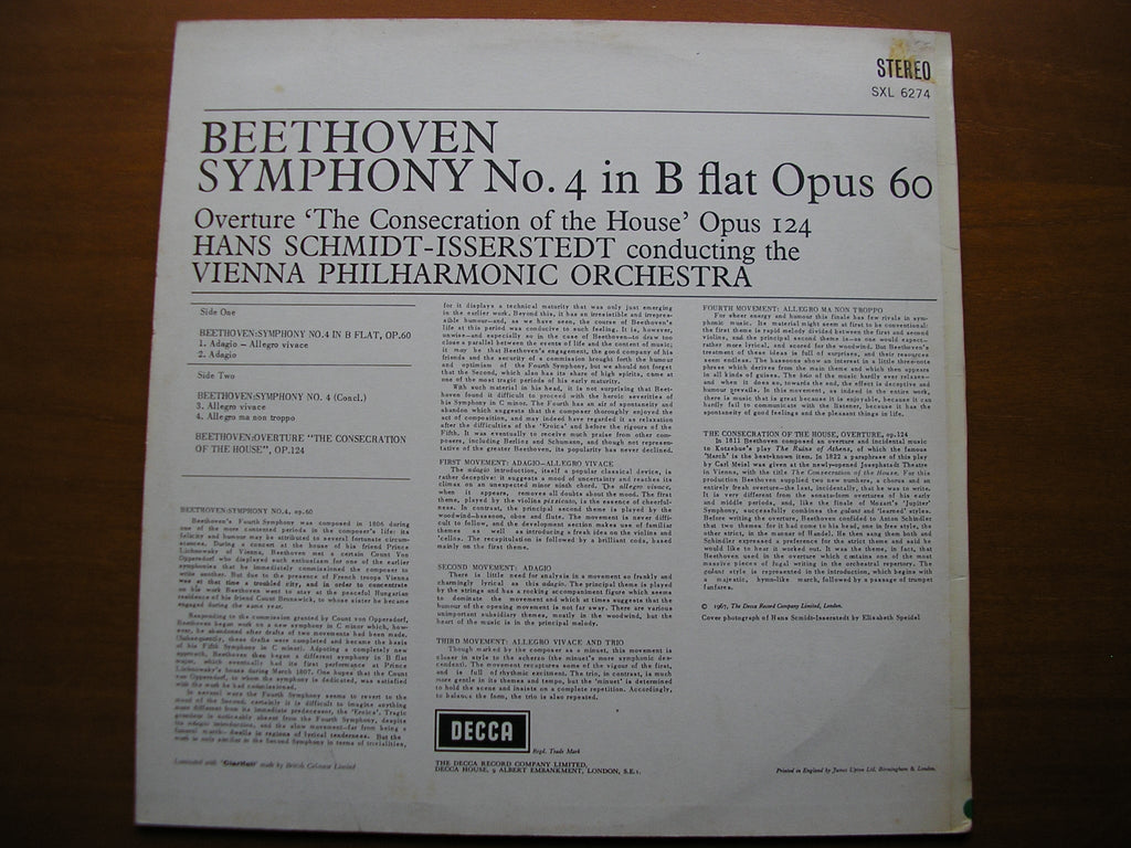 SXL 6274  BEETHOVEN: SYMPHONY No. 4 / OVERTURE 'The Consecration of the House'      SCHMIDT-ISSERSTEDT / VIENNA PHILHARMONIC      ED2
