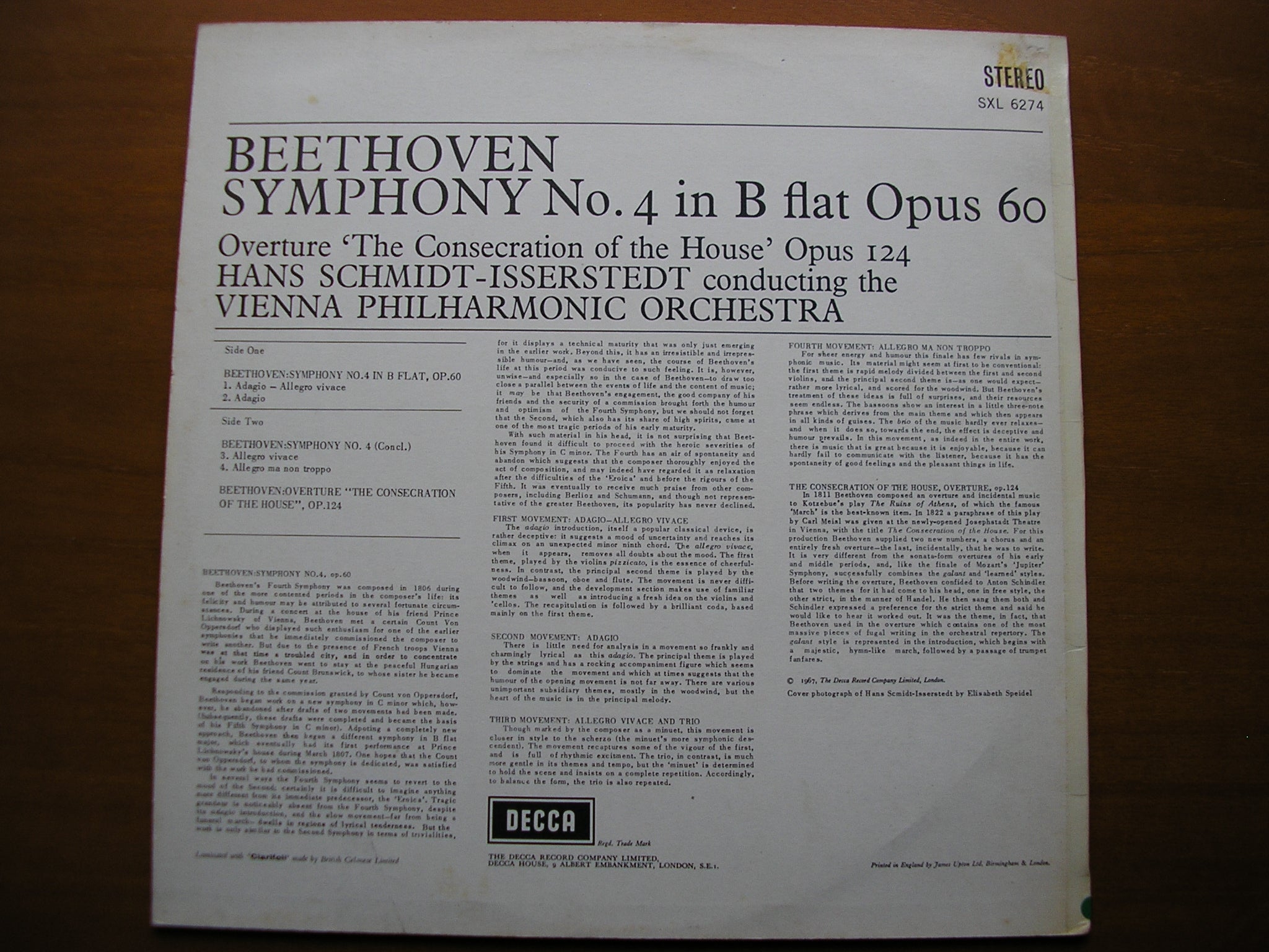 SXL 6274  BEETHOVEN: SYMPHONY No. 4 / OVERTURE 'The Consecration of the House'      SCHMIDT-ISSERSTEDT / VIENNA PHILHARMONIC      ED2