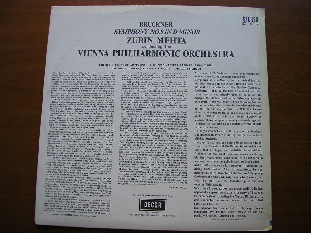 SXL 6202 BRUCKNER: SYMPHONY No. 9 MEHTA / VIENNA PHILHARMONIC