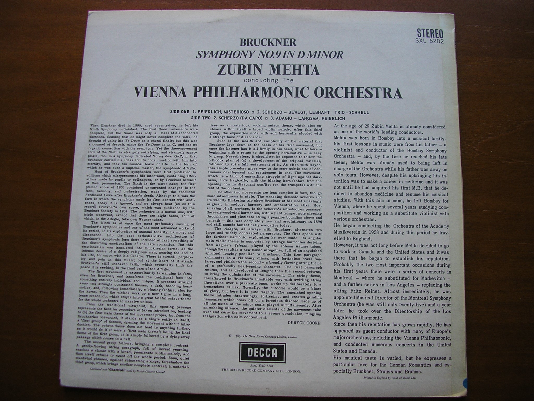 SXL 6202 BRUCKNER: SYMPHONY No. 9 MEHTA / VIENNA PHILHARMONIC