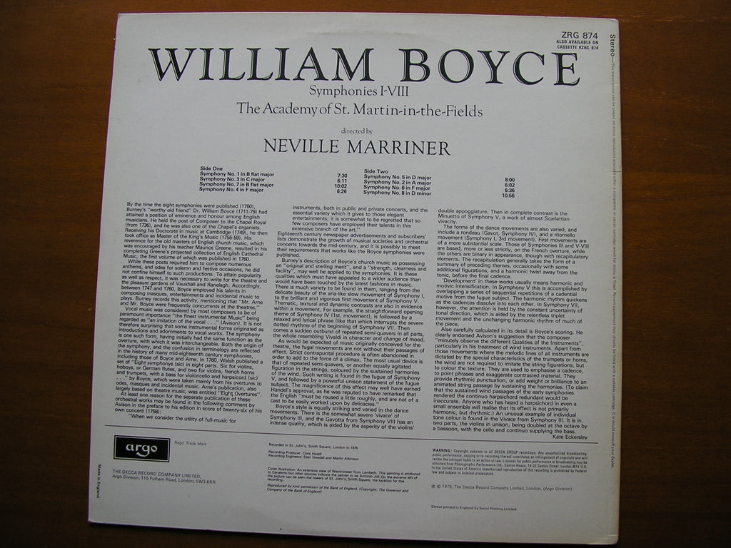 BOYCE: SYMPHONIES Nos. 1 - 8      MARRINER / ACADEMY OF ST MARTIN IN THE FIELDS      ZRG 874