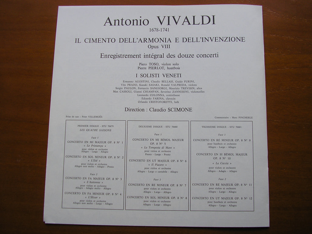 VIVALDI: THE CONTEST BETWEEN HARMONY & INVENTION  Op. 8      SCIMONE / I SOLOISTI VENETI       3LP       STU 70679 / 81