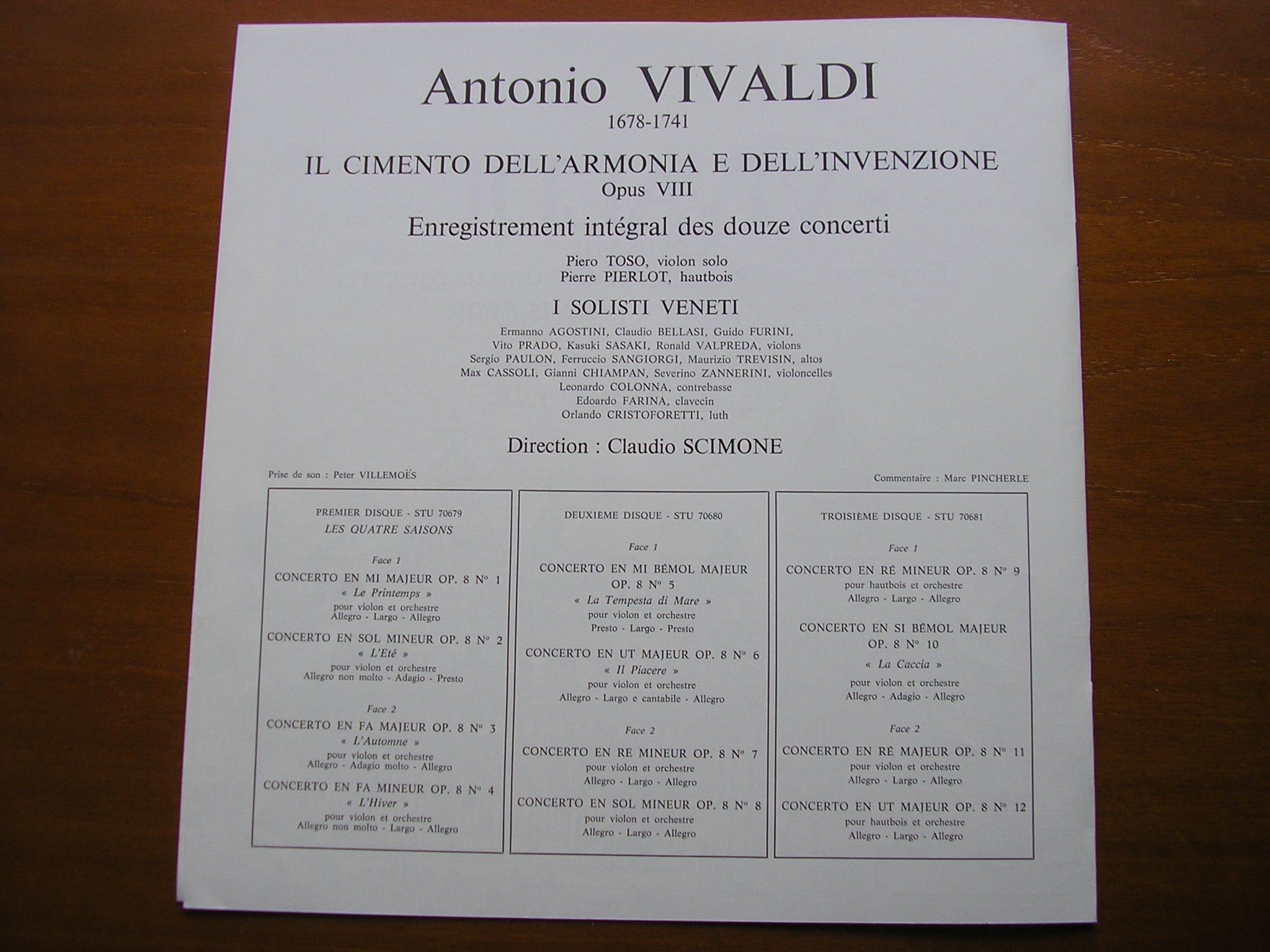 VIVALDI: THE CONTEST BETWEEN HARMONY & INVENTION  Op. 8      SCIMONE / I SOLOISTI VENETI       3LP       STU 70679 / 81