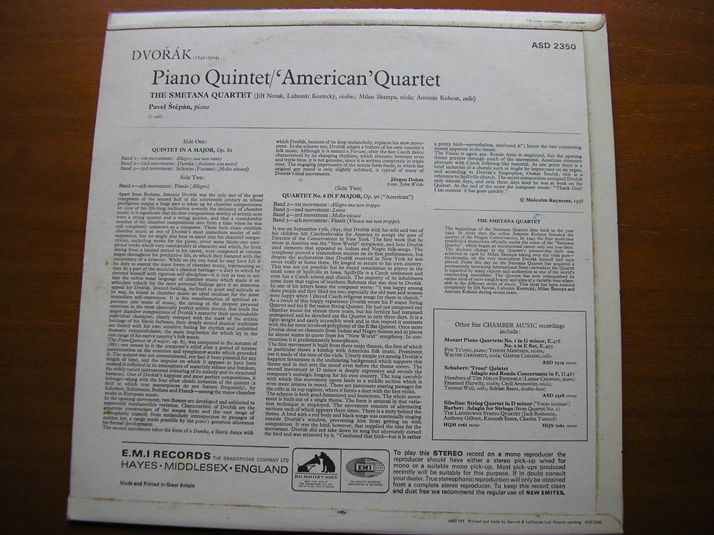 DVORAK: PIANO QUINTET / QUARTET No. 6 'American'      THE SMETANA QUARTET / PAVEL STEPAN       ASD 2350