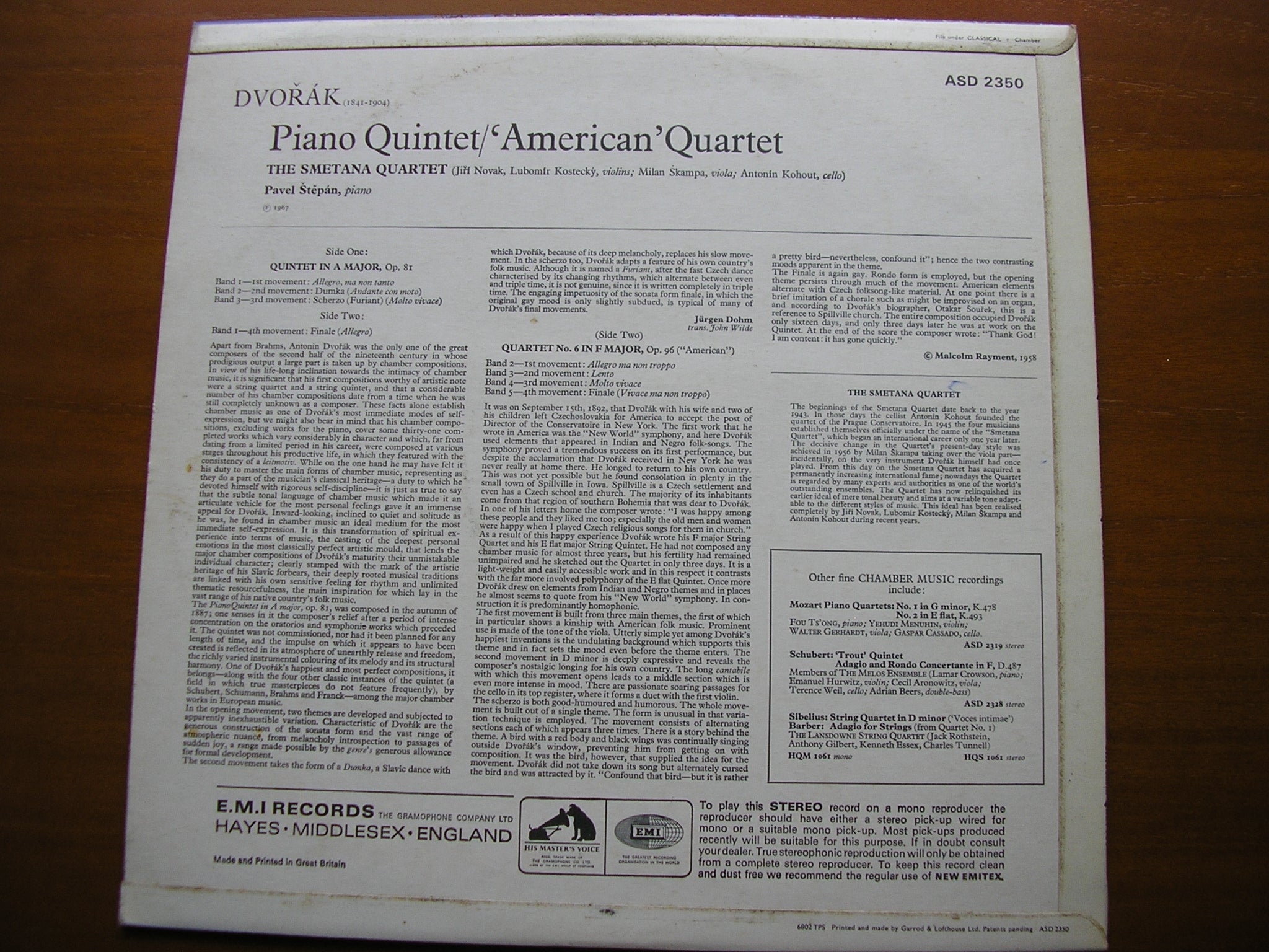 DVORAK: PIANO QUINTET / QUARTET No. 6 'American'      THE SMETANA QUARTET / PAVEL STEPAN       ASD 2350