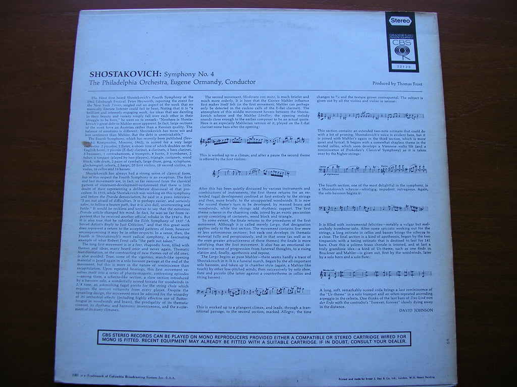 SHOSTAKOVICH: SYMPHONY No. 4   ORMANDY / PHILADELPHIA ORCHESTRA   72129