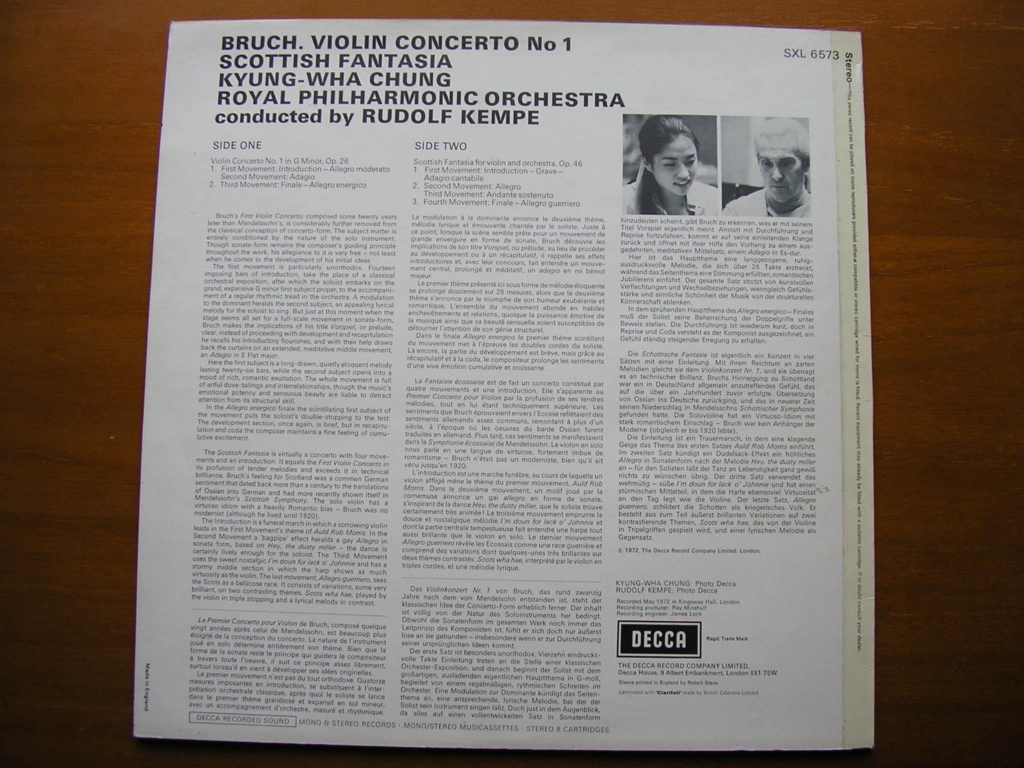 BRUCH: VIOLIN CONCERTO / SCOTTISH FANTASIA    CHUNG / ROYAL PHILHARMONIC / KEMPE     SXL 6573